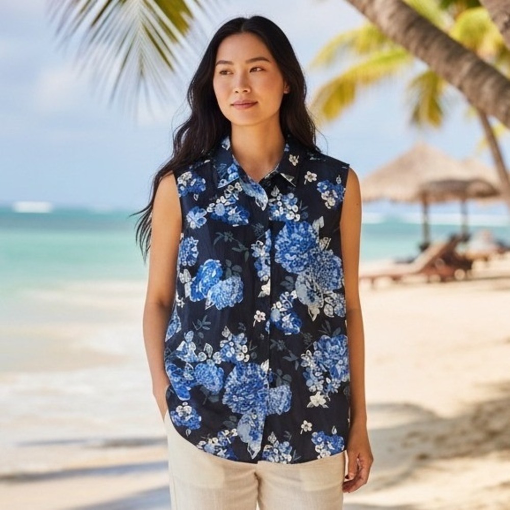 Roamans Blue Floral Sleeveless Button Down Shirt Navy Plus Size 24W‎ 30-3709-0